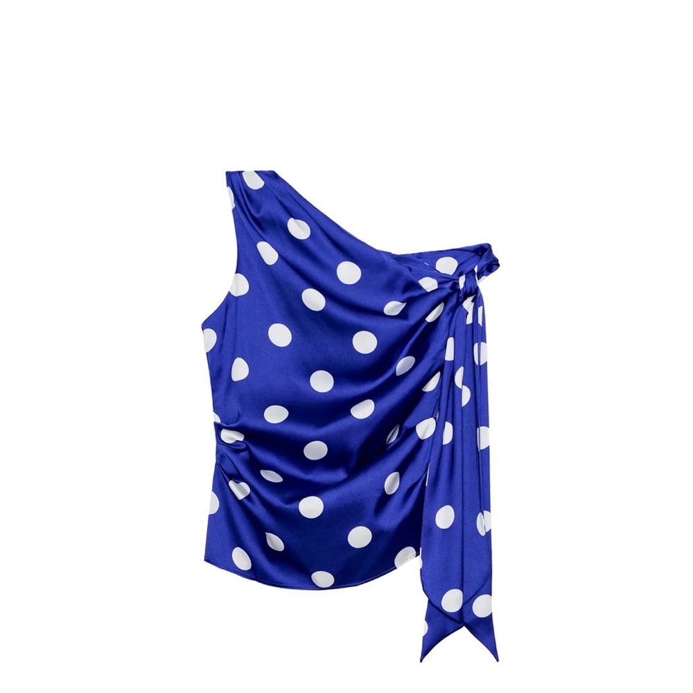 Blue Polka Dot One-Shoulder Top